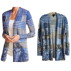 Talbots Blue & White Houndstooth & Paisley Wool Open Front Cardigan Sweater M
